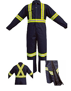 COUVRE-TOUT 65/35 POLYCOTON MARINE AVEC BANDES RÉFLÉCHISSANTES ET ZIPS AUX JAMBES
