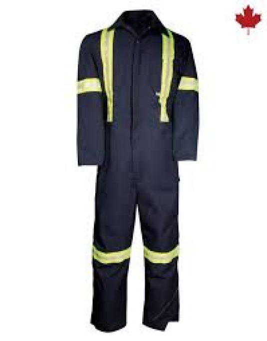 COUVRE-TOUT 65/35 POLYCOTON MARINE AVEC BANDES RÉFLÉCHISSANTES ET ZIPS AUX JAMBES
