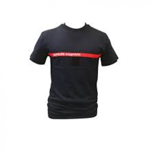 T-SHIRT COL ROND UNISEXE AVEC LIGNE ROUGE ET BRODERIE INCENDIE, MANCHES COURTES 50/50 POLY/COTON BLUEBLACK