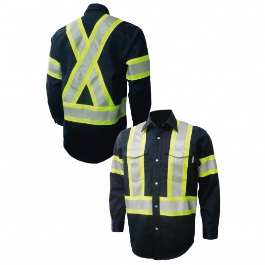 CHEMISE DE TRAVAIL GATTS HOMME AVEC BANDES RÉFLÉCHISSANTES ET SNAPS, MANCHES LONGUES, 65/35 POLY/COTON MARINE